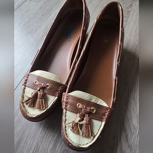 Ralph Lauren Tassel Loafers Wedge Size 9 Brown Cream Leather Preppy
